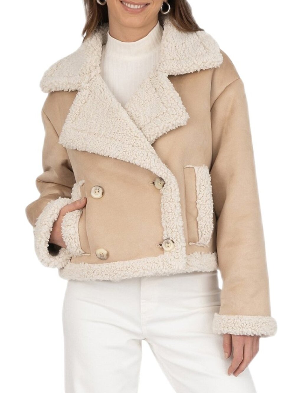 Frye Women's Size M Double Breasted Faux Suede Shearling Sand Jacket NEW